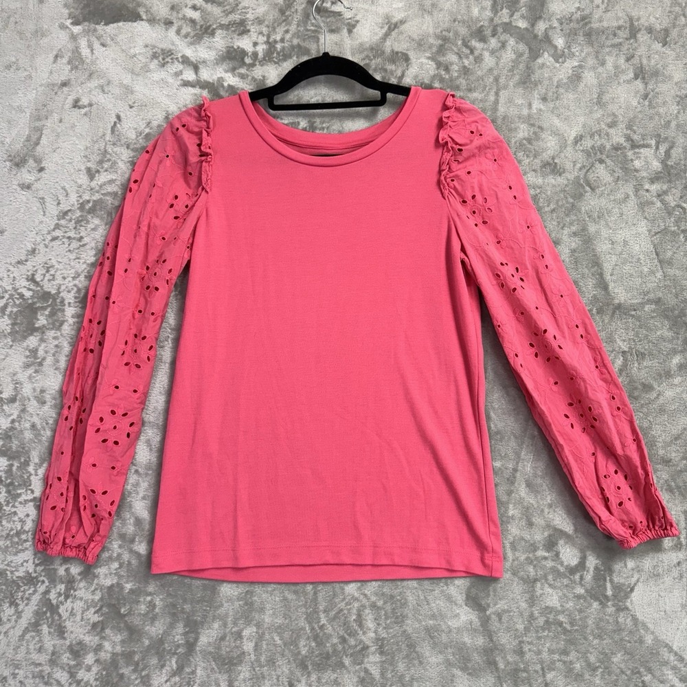 LOFT Top Womens XS Hot Pink Eyelet Long Sleeve Blouse Lightweight Casual